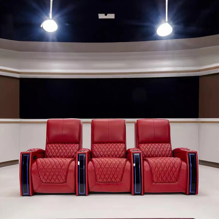 Home Cinema Movies - เก้าอี้โรงหนังปรับเอนไฟฟ้าหุ้มหนังสั่งทำพิเศษสำหรับโฮมเธียเตอร์ พร้อมไฟ LED สีฟ้าและพอร์ต USB สำหรับเฟอร์นิเจอร์ภายในบ้าน