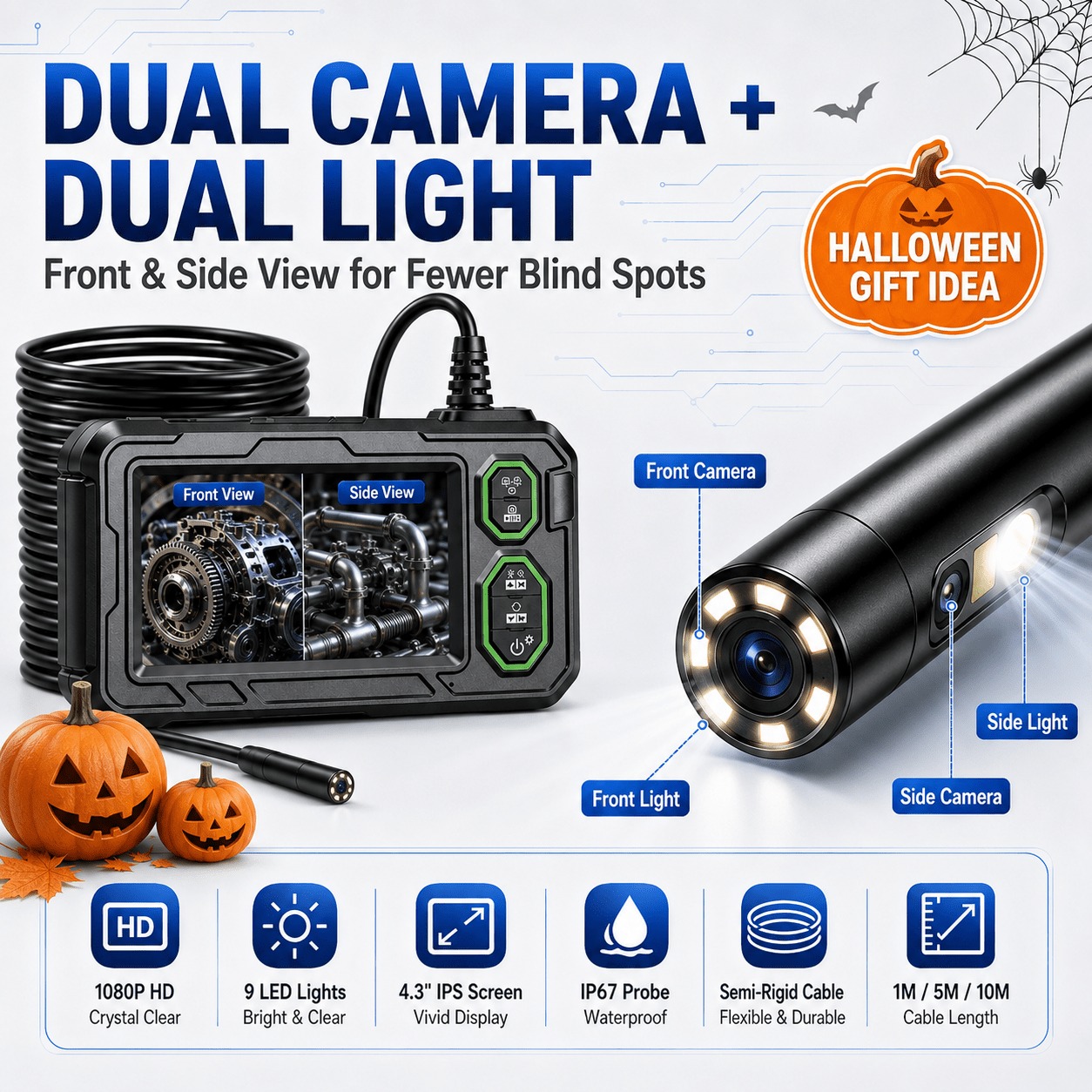 Home Cinema Led - กล้องเอนโดสโคปแบบสองกล้องพร้อมสายยาว 10 เมตร/33 ฟุต, ไฟ LED