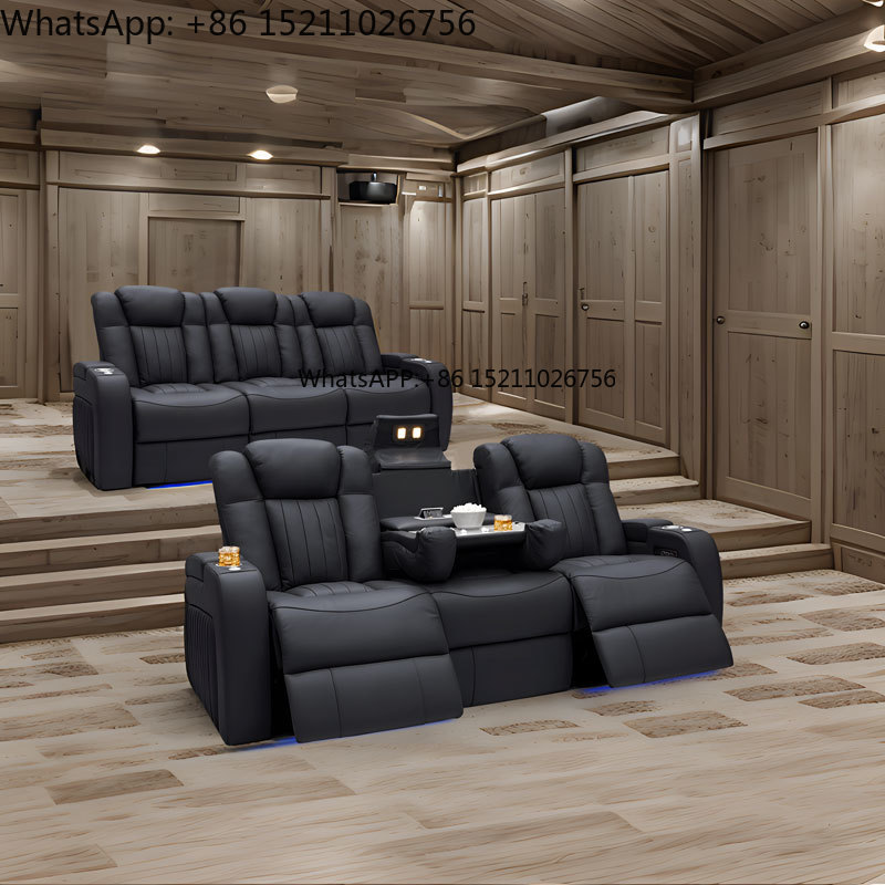 Home Cinema Recliners - โซฟาหนังแท้สไตล์โมเดิร์นสำหรับโรงภาพยนตร์ในบ้าน VIP พร้อมฟังก์ชั่นปรับเอนนอนไฟฟ้า ขายดี พร้อมที่วางแก้วและกล่องเก็บของ